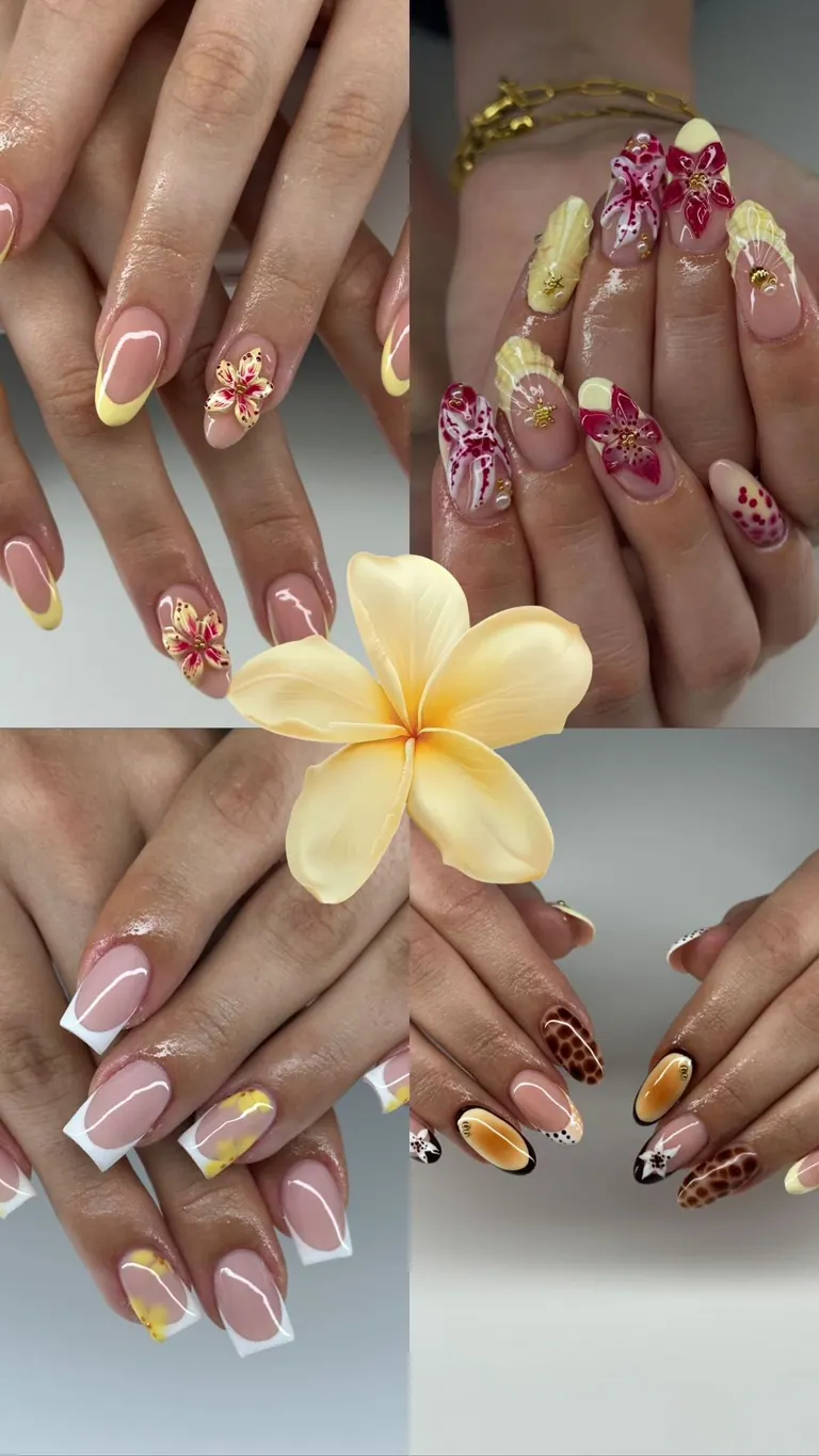 Handgemalte florale Nail Art in Gelb und Rosa, vier Sets · Moonlit Nails Hildesheim