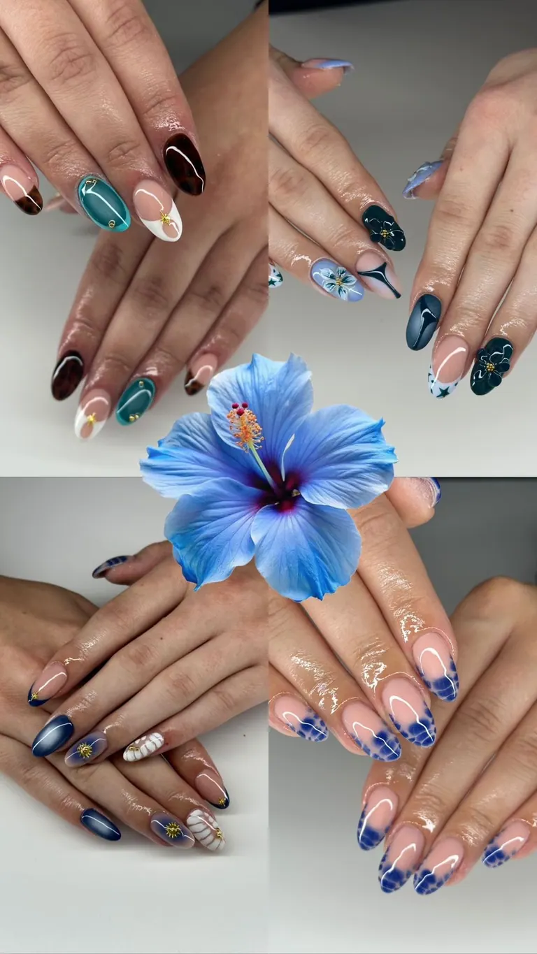 Nageldesigns in Blau und Gold mit Blüten und French Details · Moonlit Nails Hildesheim
